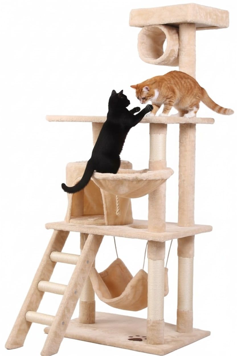 CARLA HOME 141cm Cat Tree Tower for Indoor Cats with Plush Perch, Ladder, Sisal Scratching Posts, Hammock & Condo for Kittens & Adult Cats (Beige)